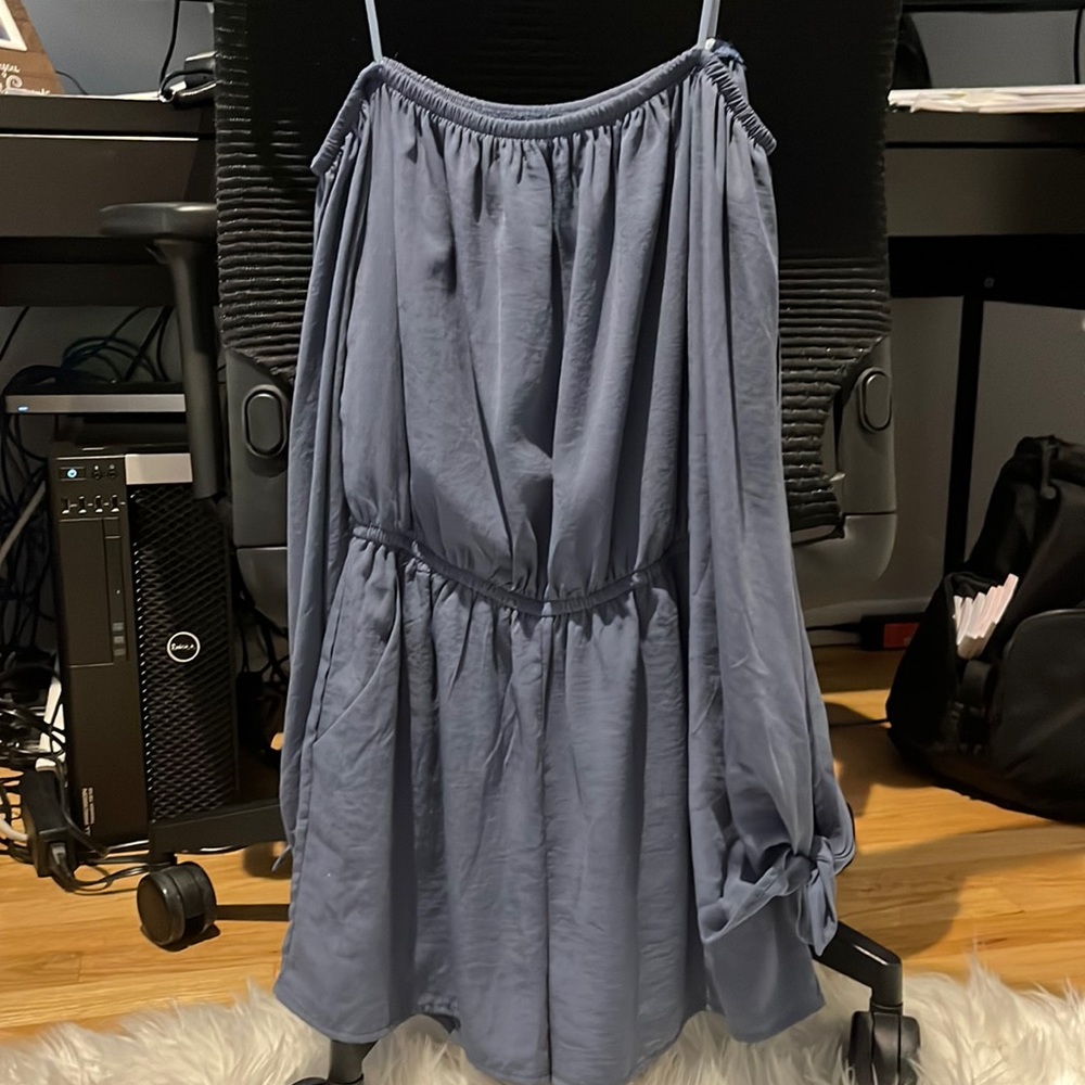 Long sleeve gray/blue off the shoulder romper